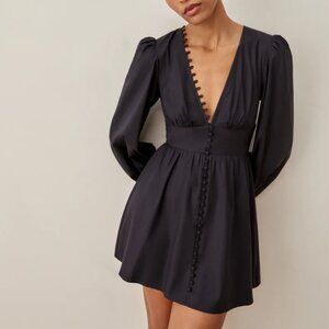 Reformation | Caitie Cotton Blend Mini Long Sleeve Dress in Black Size 6 $248‎